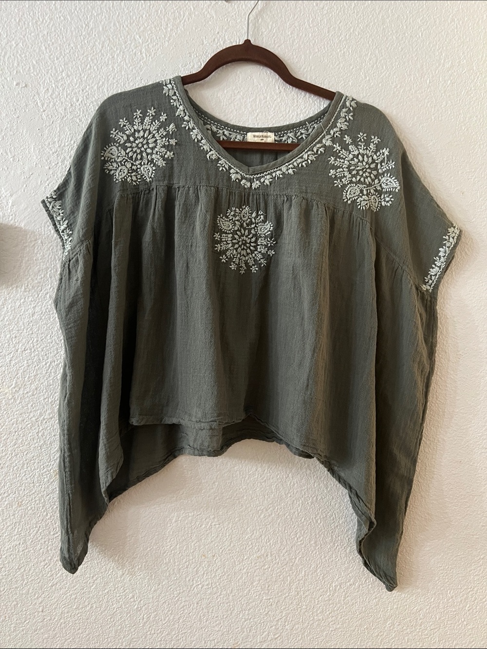 Cost Plus World Market Olive Embroidered Boho Tunic Top
